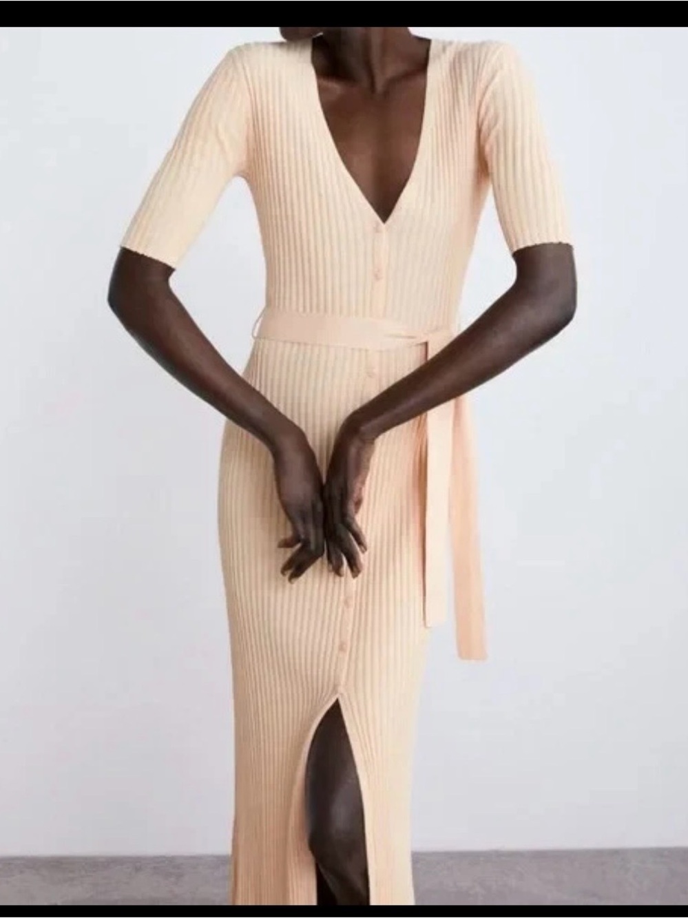 Zara Ribbed V-Neck Maxi Dress in Peach